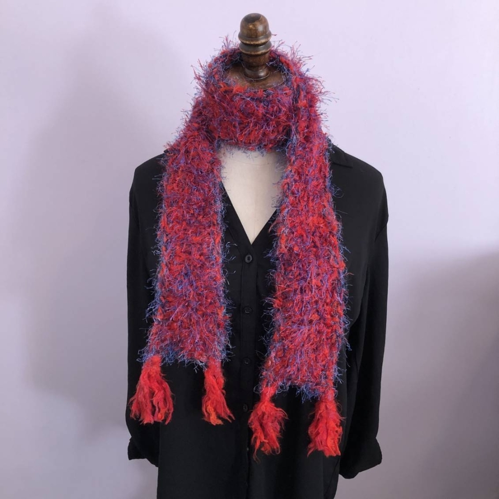 Handmade Fuzzy Fringe Red & Blue Scarf